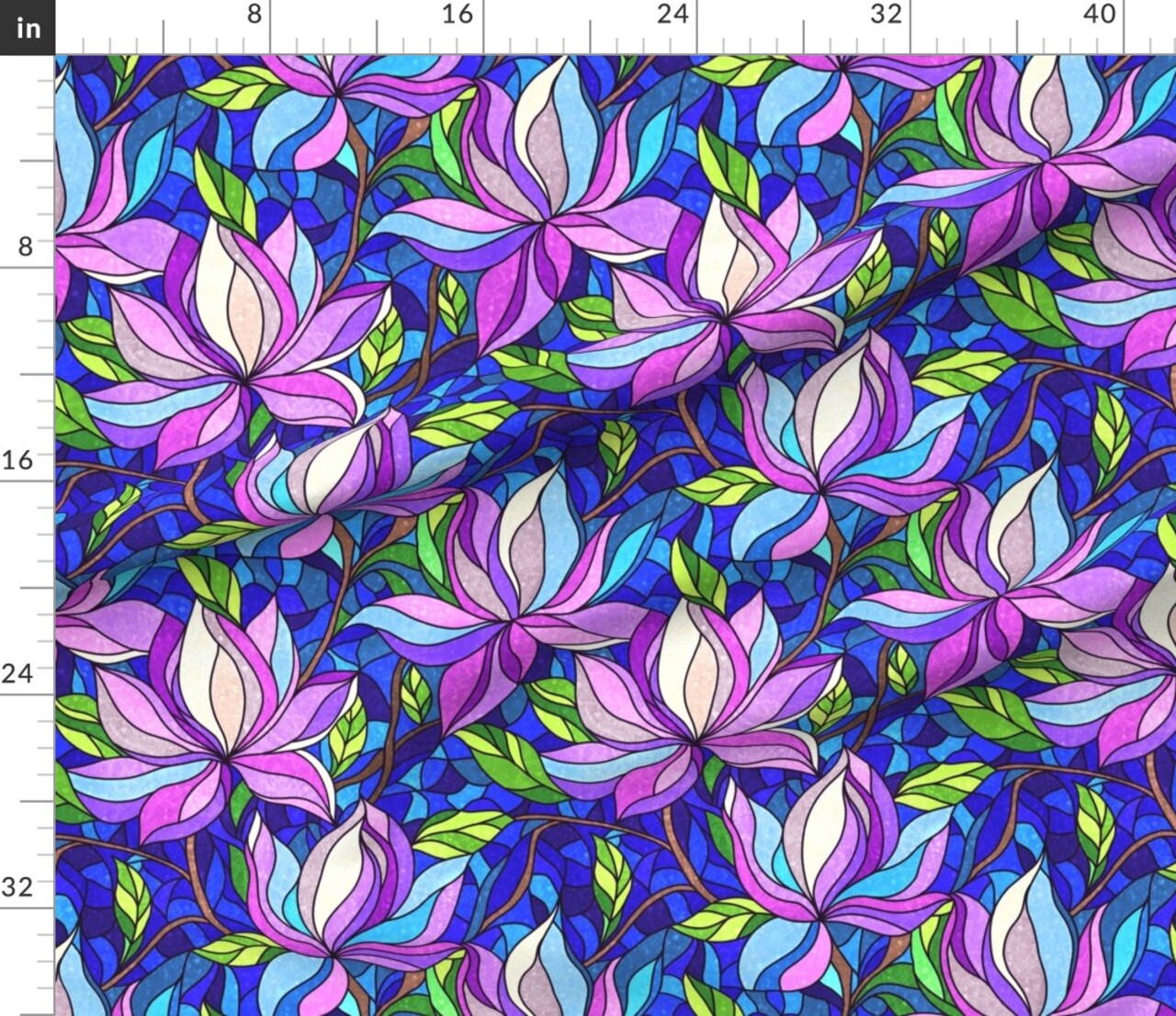 Bold Floral Stained Glass Blooms Flowers Botanical Abstract Magnolia Spring Summer Purple Blue Cottagecore Modern Farmhouse Garden Watercolor Custom Printed Fabric by Spoonflower Various Fabrics by the Yard or Fat Quarter